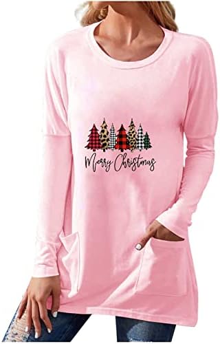 חולצות חג מולד לנשים מצחיקות טוניקות ארוכות ללבוש עם חותלות לבוש שרוול ארוך סווטשריט צווארון עם כיסים