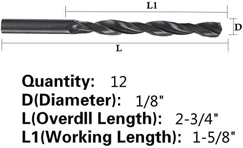 אוקסטול 12 יחידות,1/8 אינץ 'מקדחי טוויסט כבדים לשימוש כללי, תחמוצת שחורה, אידיאלי לקידוח על פלדה