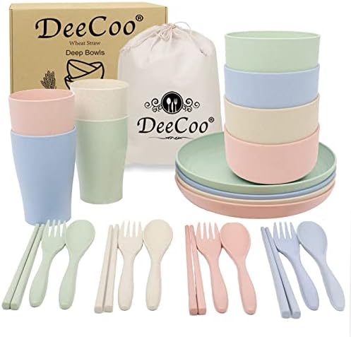 Deecoo חיטה אולם כלי אוכל של כלי אוכל של 4, קערות הגשה בלתי ניתנות לשבירה וקלות משקל, כוסות, צלחות, מקלות אכילה,