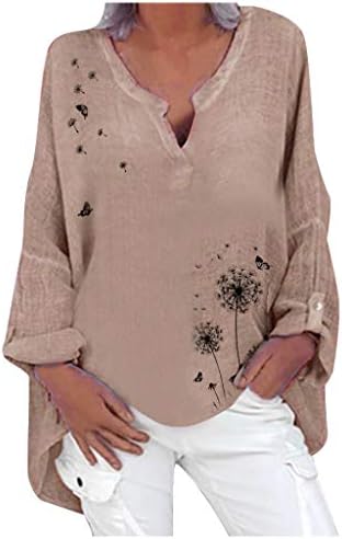 נשים קיץ כותנה פשתן חולצות צווארון חולצה רופף פרחוני הדפסת בבאגי חולצות בתוספת גודל