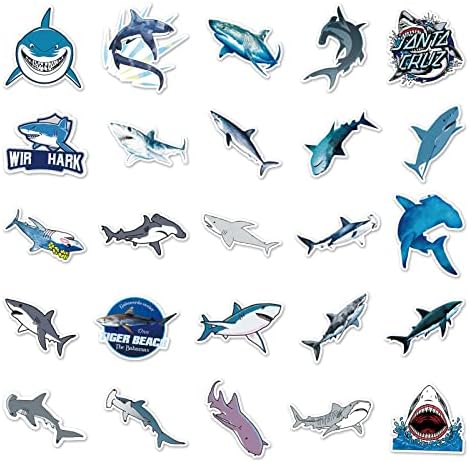 50 יחידות כריש מדבקות לילדים בנים, אוקיינוס כריש עמיד למים ויניל מדבקות ומדבקות עבור אופניים, בקבוק מים,