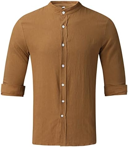 XXBR Mens כותנה פשתן חולצות מזדמנים כפתור קיץ למטה צוואר מדומה צוואר שרוול ארוך חולצת חוף הוואי רופפת