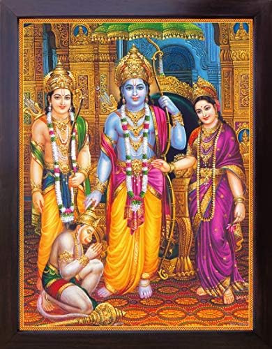 Hanuman סיטה ראם והנומן יושבים בארמון ואל דתי הינדי אחר שנותן ברכה, ציור פוסטר דתי קדוש עם מסגרת