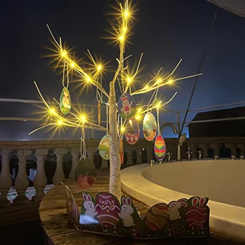 עץ ליבנה מואר פסחא, 2ft 24lt סוללה מופעלת אורות עץ זרד ליבנה לבנה עם קישוטים של ביצת פסחא קישוט