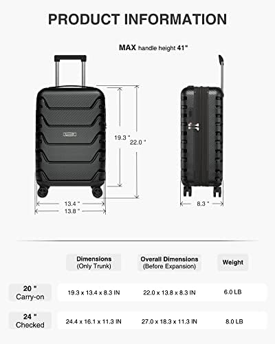 ערכות מזוודות נשיאה 2 חלקים-עמ ' מטען צדדי קשיח עם גלגלי ספינר - מזוודה משובצת עם מנעול צא, ניתנת להרחבה וקלה