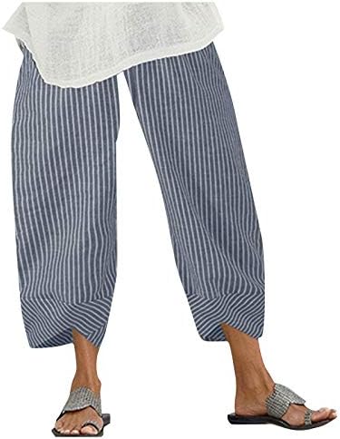 כותנה פשתן קאפרי מכנסיים נשים קיץ מקרית קאפרי מכנסיים עם כיסים גבוהה מותן קומפי חוף מכנסיים פרחוני הרמון