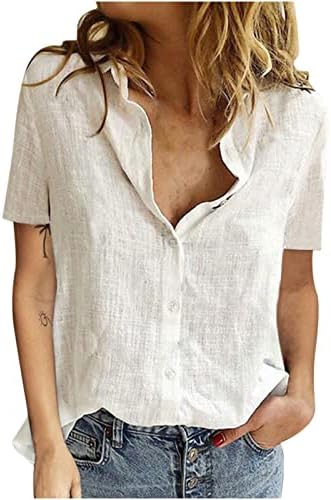 חולצות פשתן כותנה לנשים, חולצות שרוול קצר מזדמן בצבע אחיד כפתור V צוואר קרדיגן קרדיגן חולצה אופנתית