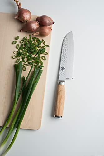 סכין סנטוקו בלונדינית פרמייר שון, להב נירוסטה בגודל 7 אינץ 'עם גימור טסוצ' ים וידית פקקווד, כלי אוכל בעבודת יד