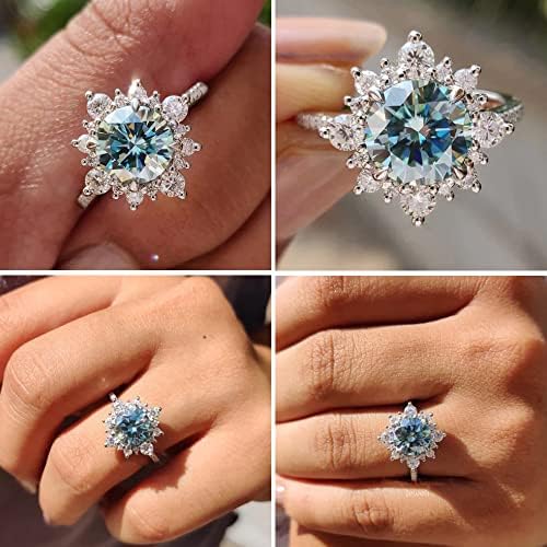 אפיני 2.0 קראט כחול ציאן טבעת אירוסין מויסניט לנשים, טבעת הבטחת עיצוב פרח הילה בחיתוך עגול בכסף סטרלינג
