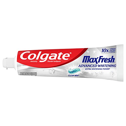 משחת שיניים טרייה של קולגייט מקס, משחת שיניים מלבינה מתקדמת עם רצועות נשימה מיני, משחת שיניים מנטה נקייה
