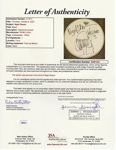 נייג 'ל אולסון חתם על חתימה 14 שלב משמש ראש תוף עם סקיצה אמנותית מקורית ד-ג 'יימס ספנס מכתב אותנטיות ג'