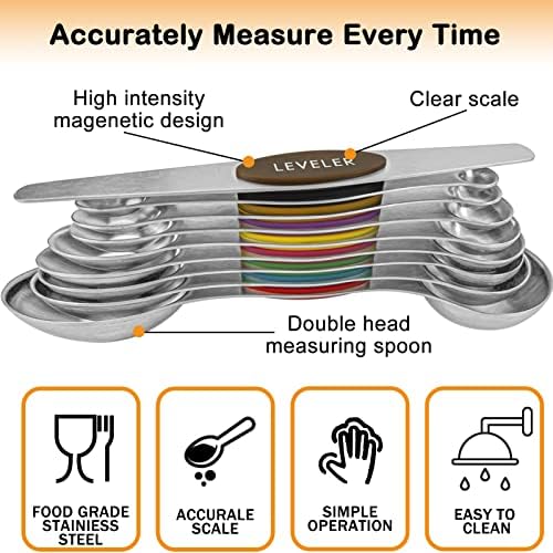 מגנטי כפות מדידה סט של 9, נירוסטה, כפול צדדי עבור נוזל ויבש מזון, כף עם מטרי ולנו מדידות, כפות