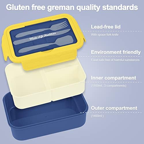 קופסת בנטו של Glorsign לתיבת ארוחת צהריים לילדים למבוגרים, 1400 מל 3 מיכלי ארוחת צהריים תאים בנטו אטום דליפות