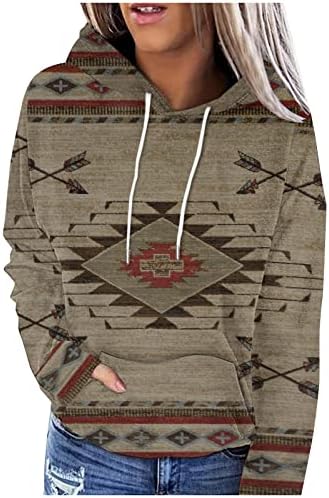 Oplxuo נשים מערביות קפוצ'ונים בסגנון אתני אצטק עם כיס רטרו הדפס גיאומטרי דפוס שרוול ארוך שרוך סווטשירט סוודר