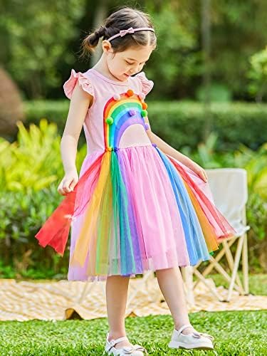 קשת שמלה עבור בנות רפרוף שרוול טול שמלות קיץ קיצי 3-7 שנים