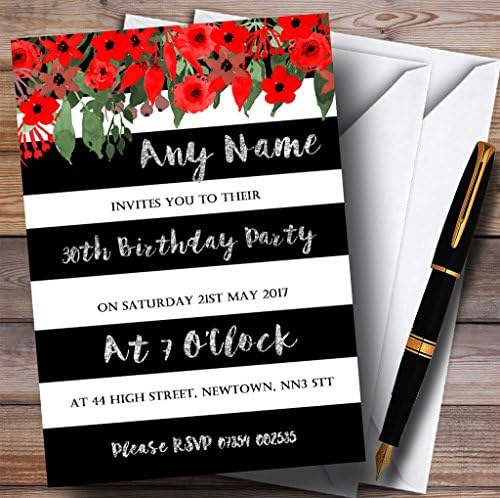 פרחוני אדום שחור לבן כסף לבן 30 הזמנות למסיבת יום הולדת בהתאמה אישית