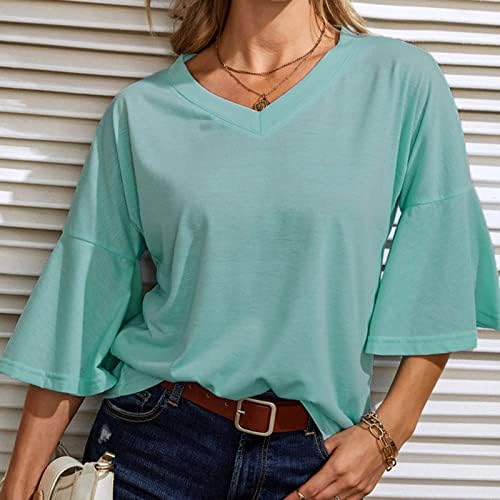 חולצת חולצה לנשים 2023 שרוול חצי פעמון קצר צווארון עמוק כותנה רופפת בכושר רגוע חולצת בראנץ ' בסיסית
