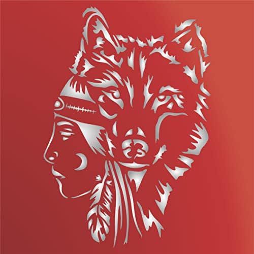 סטנסיל זאב נערת זאב, 6.5 x 9.5 אינץ ' - מגנים אמריקאים ילידים על Souls Spirit מדריך כיסוי ראש שבלונות לציור