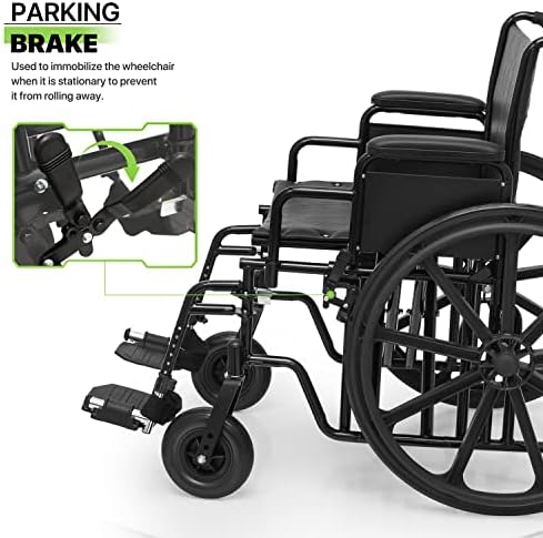 כיסא גלגלים הובלה אולטרה-קל עם 24 מושב רחב במיוחד, כיסא מתקפל שחור עם זרועות קבועות באורך שולחן