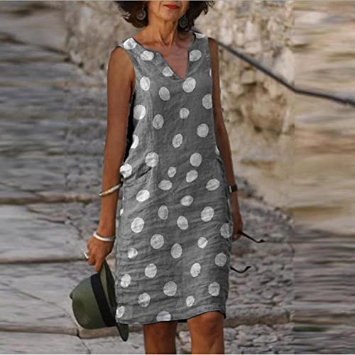 נשים של קיץ מזדמן שמלה ללא שרוולים צוואר דוט הדפסת שמלת החוף לחפות נדנדה טנק מיני שמלה עם כיסים