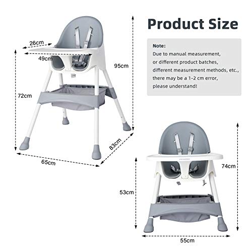 כיסא גבוה קסאייה, כיסאות גבוהים מתכווננים לגובה לתינוקות ופעוטות עם כרית פו קלה לניקוי, מגש נשלף, רגליים