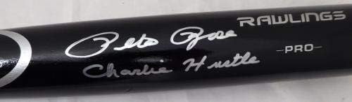 פיט רוז חתימה שחור רולינגס עטלף סינסינטי אדומים צ'רלי הוסטל Pr Holo Stock 178268 - עטלפי MLB עם חתימה