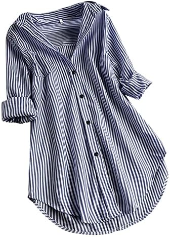 חולצות לנשים בגזרה רופפת כפתורים עם שרוול ארוך 5 ליטר למטה עם פסים עם צווארון טרנדי חולצות טיז אוברסייז