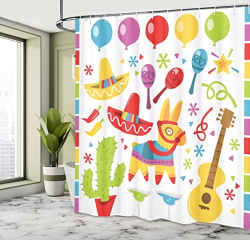 וילון מקלחת של אמבסון פיאסטה, דפוס המסיבה המקסיקני קקטוס סומבררו פריטים מוזיקליים והשראה של פינאטה, תפאורה של
