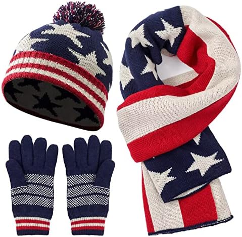 ארהב כוכבי דגל אמריקאים דפוס כובע כפפה חורפית כפפות צעיף סט סקי עבה סקי סגנון פטריוטי משפחתי