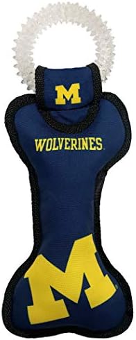 NCAA MICHIGAN WOLVERINES TUG TOG TOO TOY עם Squeaker. צעצוע של חיית מחמד קשוחה לכיף בריא, בקיעת