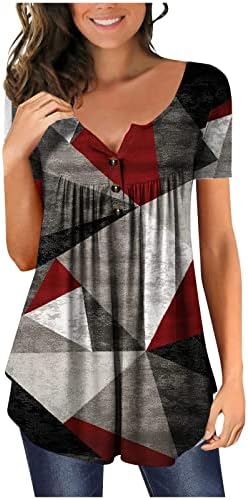 צמרות אלגנטיות לנשים הדפסה גיאומטרית טוניקה טוניקה טוניקה שרוול קצר חולצות הנלי מזדמנים בחולצות