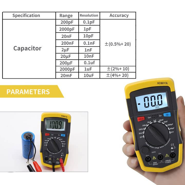 מד קיבול נייד, 0.1PF - 20000UF בודק קבלים דיגיטלי, עם תצוגת LCD ו -2 אלקטרופרוב, צריכת חשמל מדויקת ונמוכה