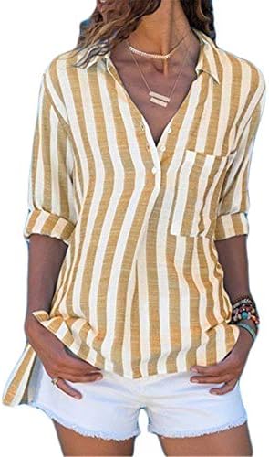 Andongnywell נשים שרוול ארוך פס חולצת טי חולצת צוואר כפתור צוואר חולצות קרדיגן חולצות חולצות עם חולצת