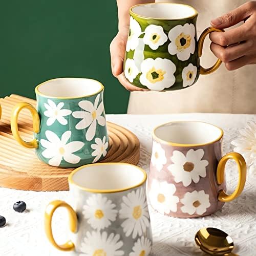 ספל קפה קרמי של Fighver סט של 4, 16 גרם כוסות תה חרסינה עם דפוס פרחים, ספלי קרמיקה פרחוניים בעבודת יד לאטה, קפוצ'ינו,