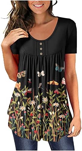 קיץ טוניקת חולצות לנשים צבעוני פרחוני הדפסת מעוקל מכפלת חולצה עגול צוואר כפתור קצר שרוול חולצות
