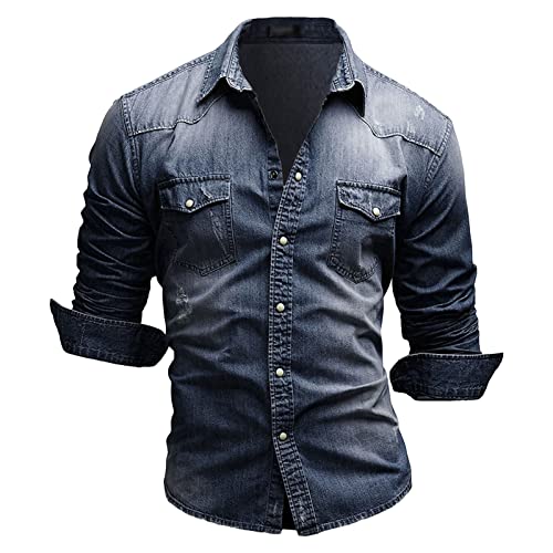 Maiyifu-GJ חולצת ג'ינס לגברים קלאסית רזה מתאימה כפתור שרוול ארוך, חולצות שמלה מזדמנים ז'ק ז'אן מערבי