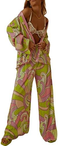 Soliloquy נשים Boho 2 חלקים תלבושת כפתור שרוול ארוך מזדמן חולצה מטה+מותניים גבוהים מכנסי רגל רחבים הגדר