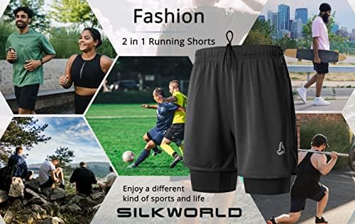SilkWorld's גברים 2 ב 1 מכנסיים קצרים רשת קצרים מהיר של מכנסי כושר אתלטי יבש לגברים - כיסי רוכסן