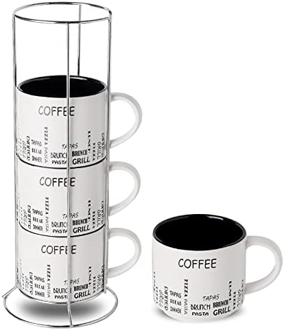 סט ספלי קפה גדולים הניתנים לגיבוב של 4 עם מעמד מתכת, כוסות קפה פורצלן 15 אונקיה עם מתלה מושלם לתה
