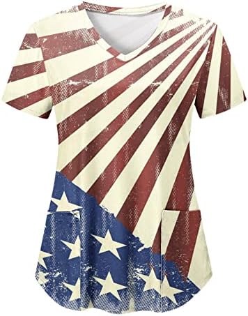 4 ביולי חולצה לנשים דגל אמריקאי קיץ שרוול קצר צווארון עם 2 כיסים חולצות בגדי עבודה מזדמנים לחג