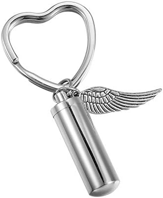 Hooami Silver Angel Wing Ging Cylinder Cypremation Urn מחזיק מפתחות מזכרת מזכרת אפר פלדת אל חלד לב