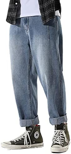 ג'ינס עבודות גברים של Doslavida מכנסי ג'ינס מזדמנים של היפ הופ צבע אחיד רופף מתאים מכנסי ג'ינס כותנה רחבים