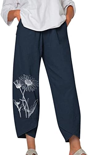 מכנסי פשתן קיץ לנשים פלוס פשתן כותנה בגודל מכנסיים קצוצים הדפס פרחוני טרנדי טרנדי מכנסי פיג'מה עם כיסים