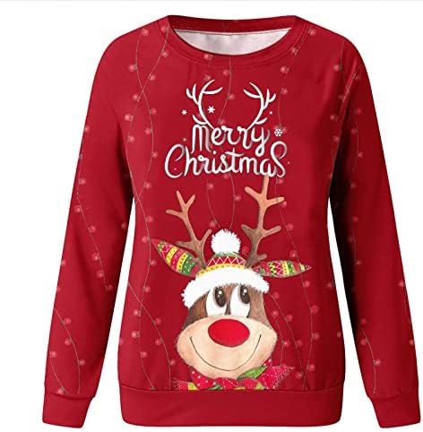 צמרות חג מולד אדומות לנשים איילים חמודים סווטשירטים גרפיים חולצות שרוול ארוך רופפות סוודרים מזדמנים סוודרים