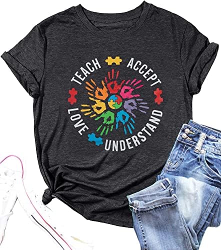 אוטיזם מורה חולצות לנשים אוטיזם מודעות חולצה חינוך מיוחד מורה קצר שרוול חולצה אוטיזם תמיכה טיז למעלה