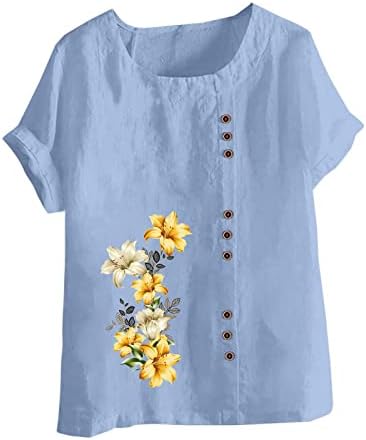 חולצות לנשים קיץ מקרית כותנה פשתן טוניקת חולצות בתוספת גודל פרחוני מודפס חמוד טיז רופף בכושר חולצות