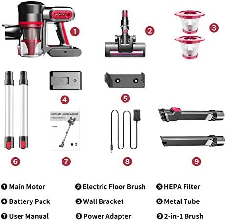 שואב אבק אלחוטי, 25 קק מברשת מברשת ואקום ואקום עד 35 דקות זמן ריצה, שואב אבק 4 ב -1 עם סוללה נטענת של 2200mAh,
