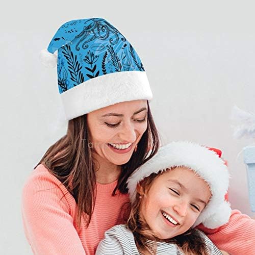 חג המולד סנטה כובע, תמנון כחול דפוס חג המולד חג כובע למבוגרים, יוניסקס נוחות חג המולד כובעי לשנה