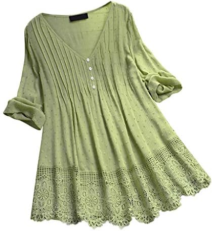 כותנה ופשתן חולצות לנשים כפתור חולצות 3/4 שרוול חולצות פרחוני מודפס טוניקה
