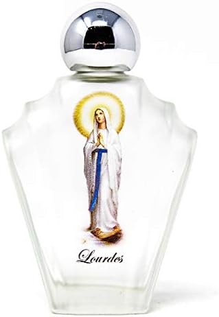 מבורך לורדס מים קדושים בבקבוק זכוכית המתארים את גבירתנו מלורדס ולורדס כרטיס תפילה